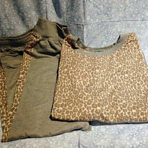 Women's grey leopard Splendid 2 piece long sleeve and jogger pant pajama set XL